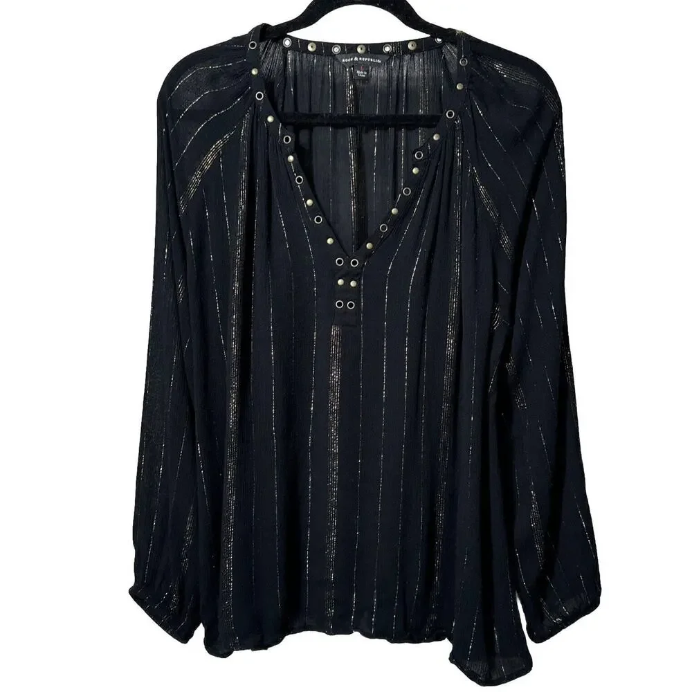 Metallic Striped Top  Night Blouse Black Gold Long Sleeve V-neck Women’s Size L - Picture 6 of 14